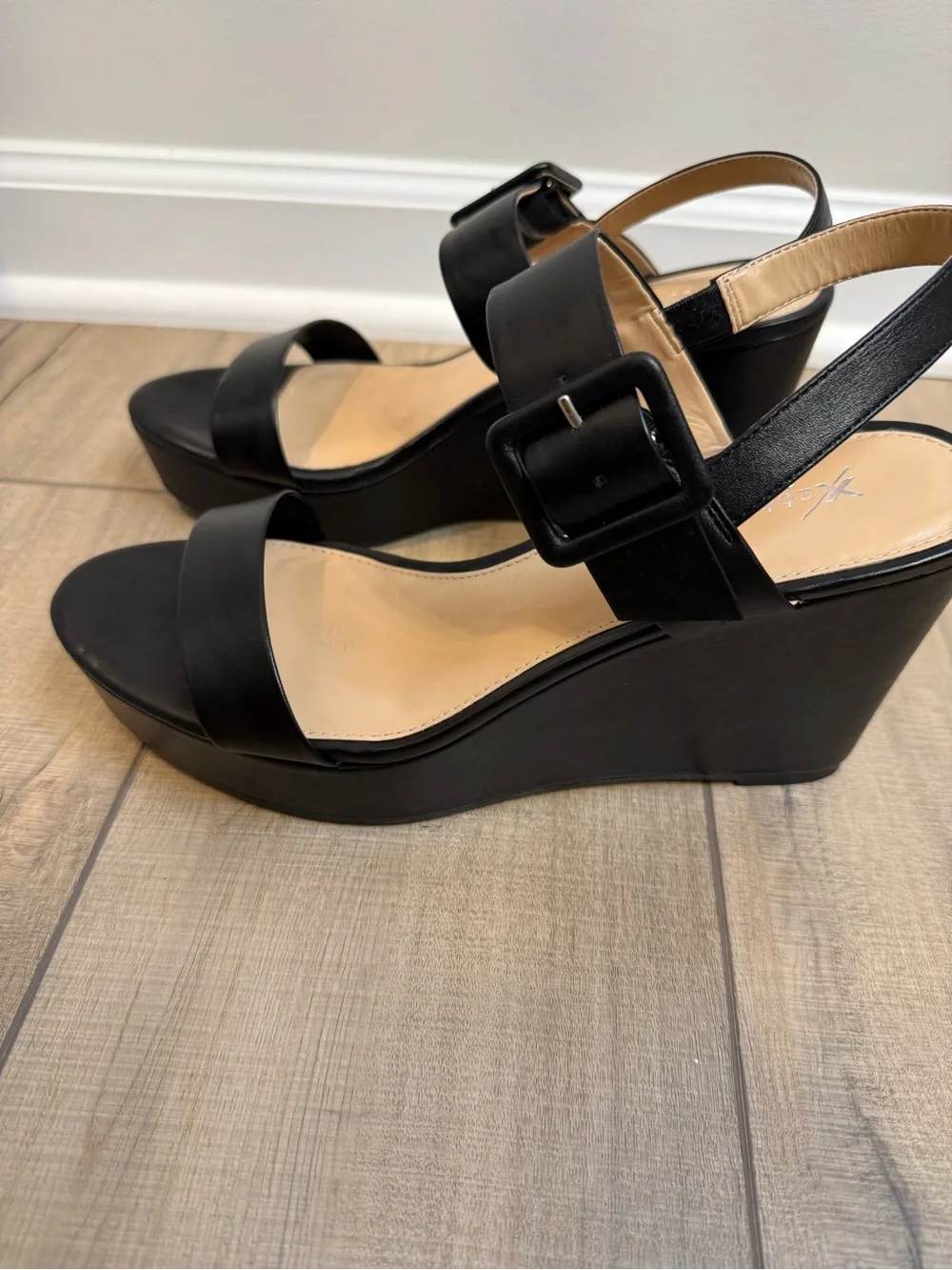 Xappeal Black Leather-Look Wedge Sandals with Buckle